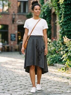 CANADIAN 🇨🇦 Desserts & Skirts Brand hi/lo skirt with cubist deer motif